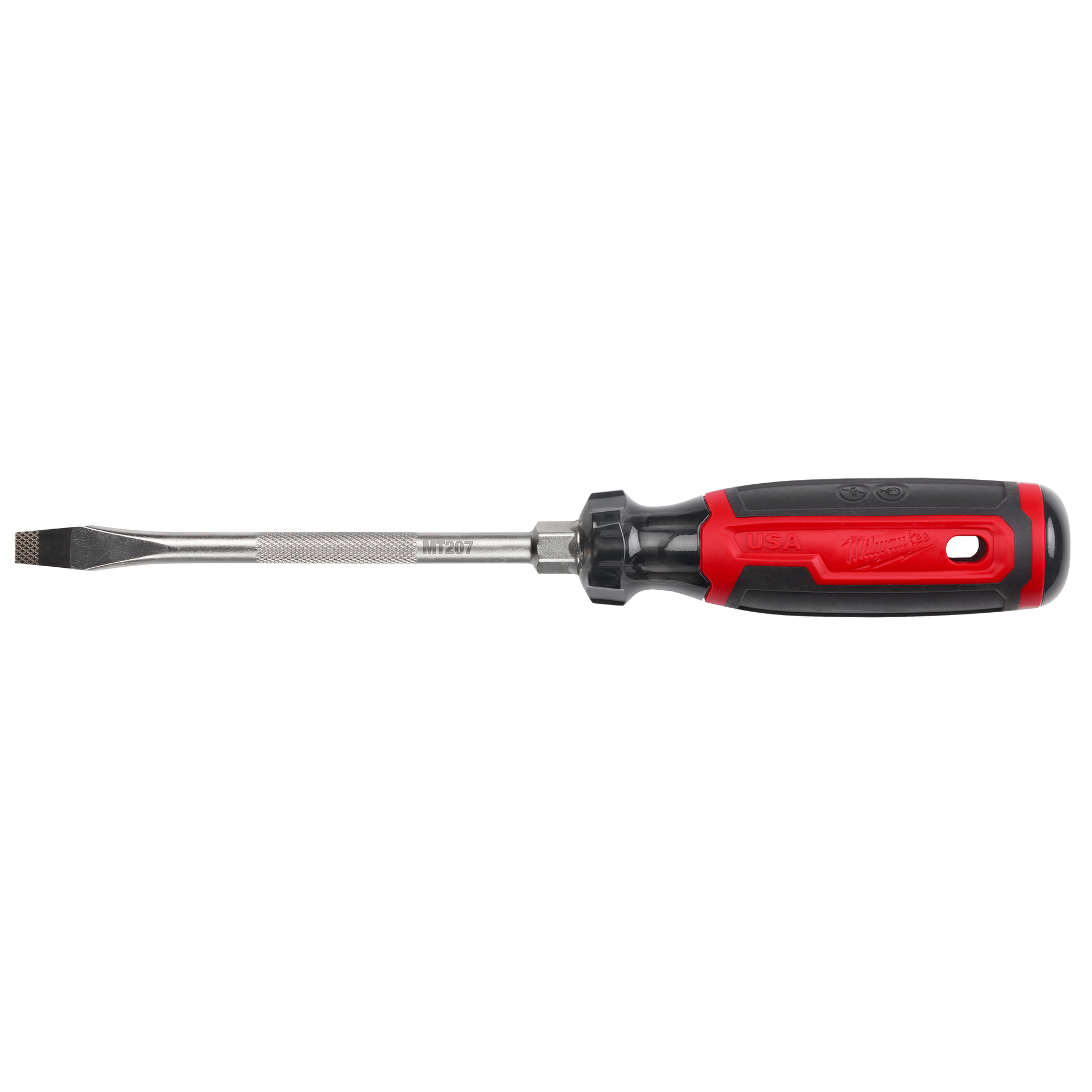 Red and black cushion grip screwdriver with 6-inch shank and 5/16-inch slotted tip for home improvement tasks