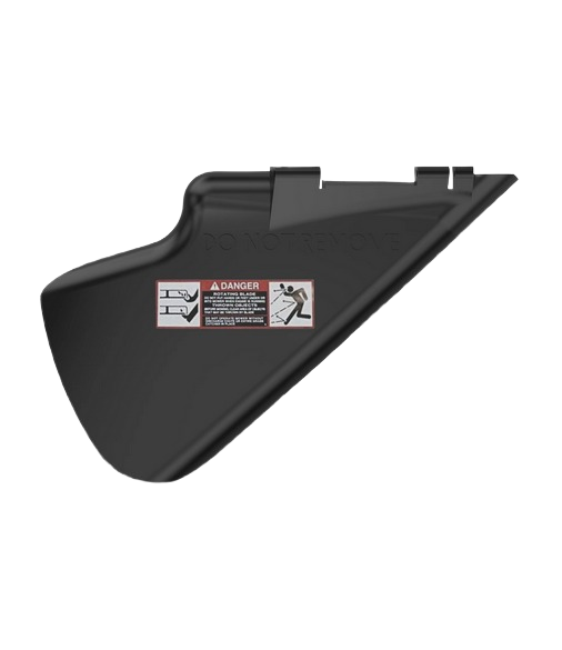 Black plastic mower deck discharge chute with safety warning label for tools and home improvement use