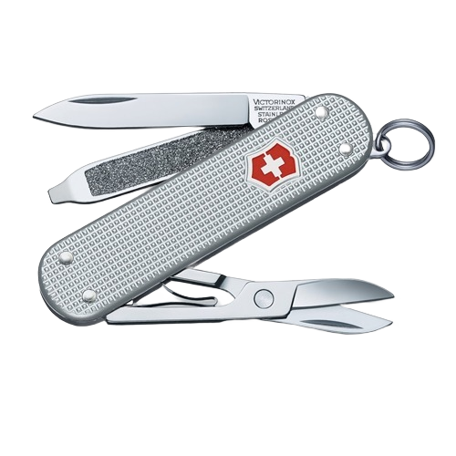 Compact silver alox pocket knife with blade, nail file, scissors, and key ring for cutting and woodworking tools under $50.