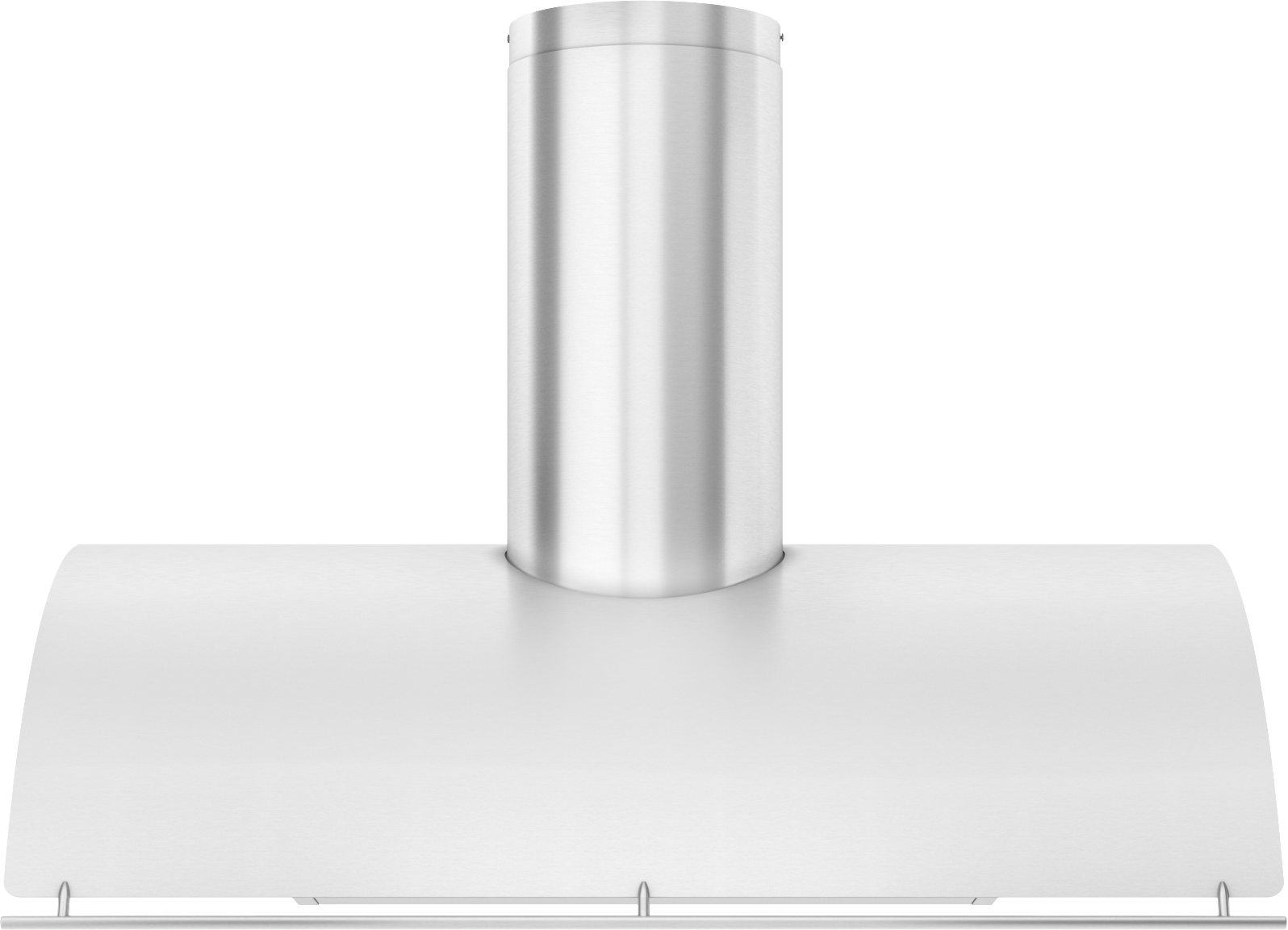 Stainless steel chimney hood with smooth curved canopy and cylindrical duct for modern kitchen appliances collection
