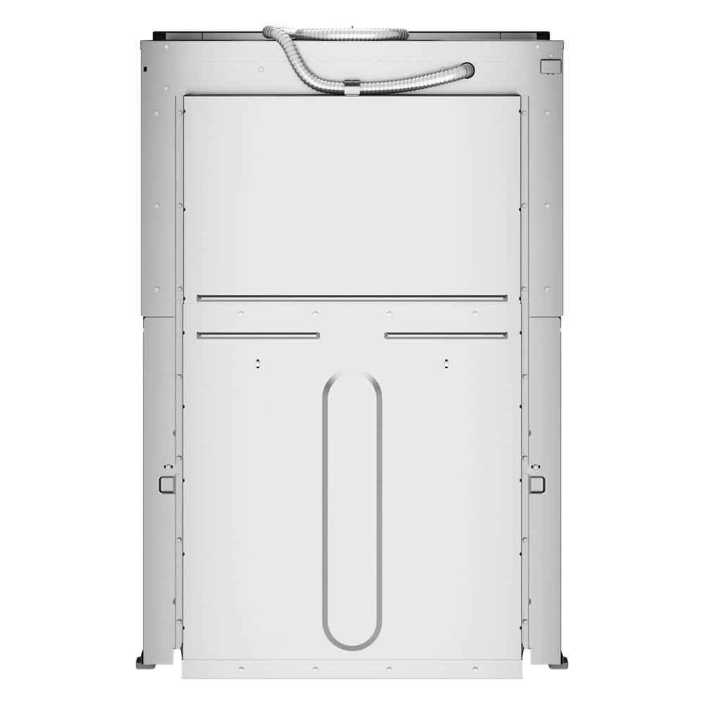 Back view of a stainless steel built-in wall oven unit showcasing ventilation and connection ports in appliance design