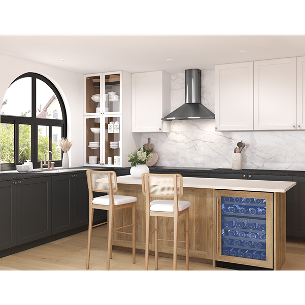 Black stainless steel chimney hood with LED lighting installed over black countertop in modern kitchen setting