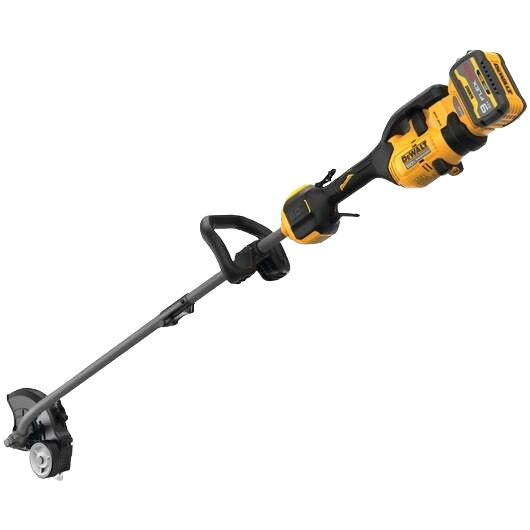 Yellow and black cordless attachment-capable edger with long shaft and ergonomic handle for home improvement tasks