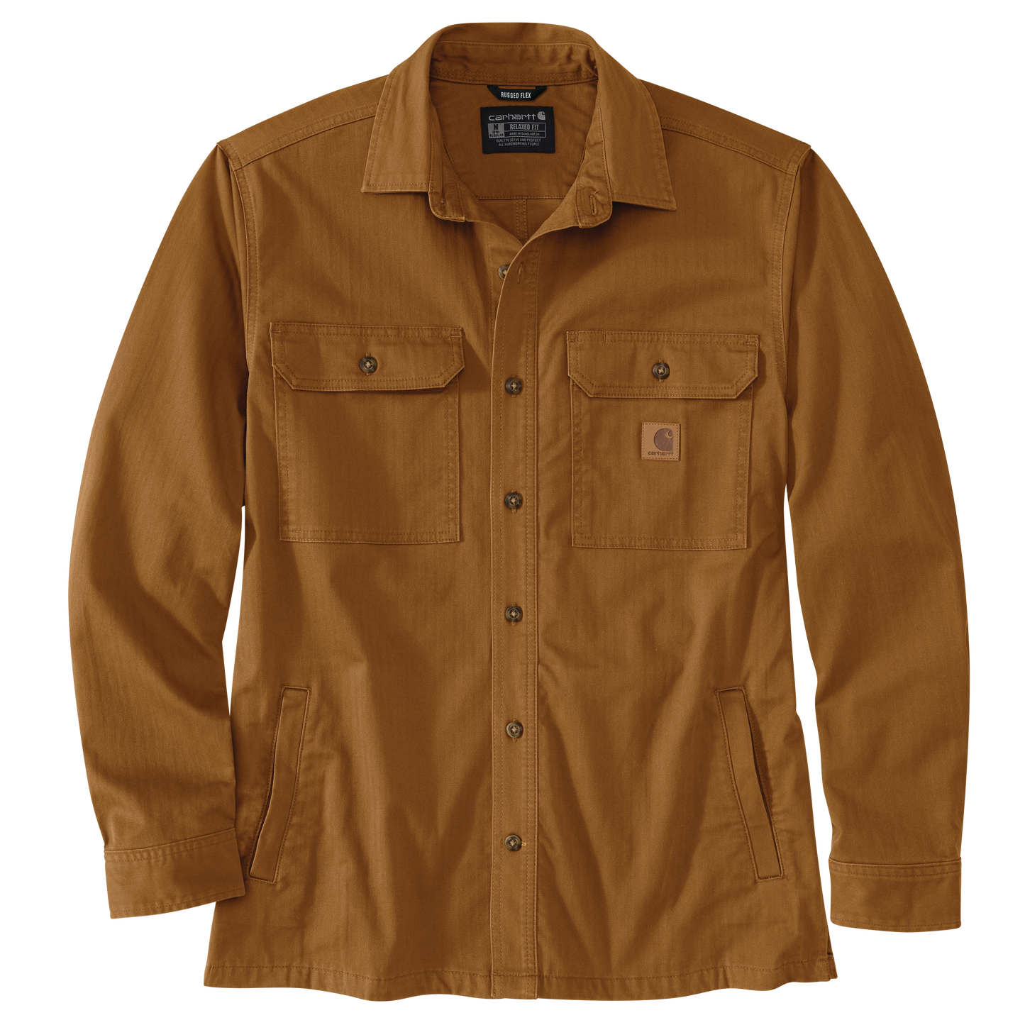 Men’s long-sleeved heavyweight herringbone shirt jac in brown with button-front, chest flap pockets, and stretch fabric for flexible workwear.