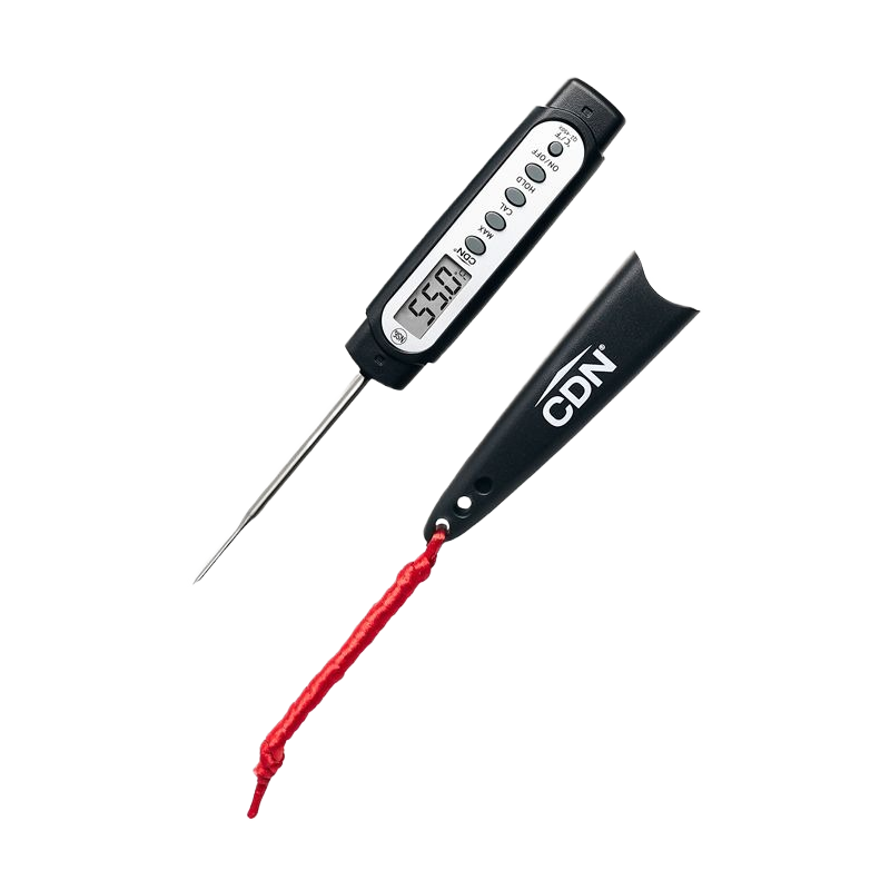 Digital thermometer with slim probe and protective black sheath for precise temperature readings in kitchenware collections