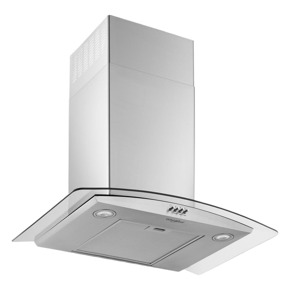 30-inch curved glass wall mount range hood with stainless steel finish and 3-speed exhaust fan for kitchen ventilation