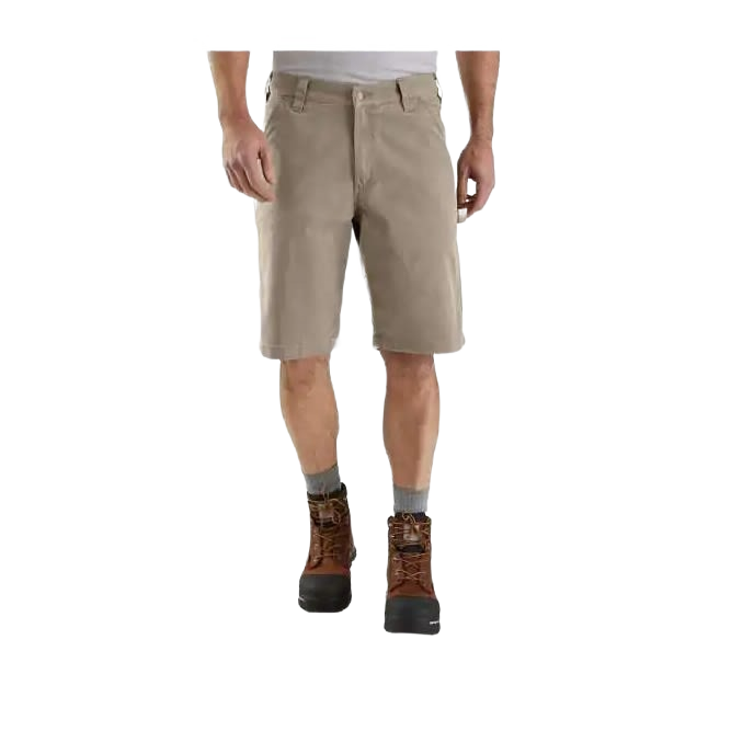 Men’s tan relaxed fit 11-inch Rigby dungaree shorts made with durable cotton-spandex canvas and stretch for comfort