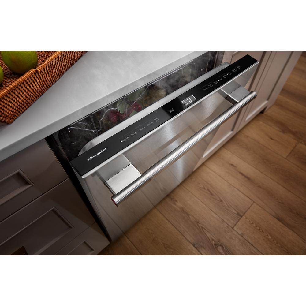 Top control stainless steel dishwasher with digital display and pocket handle in modern kitchen setting from KitchenAid Appliances collection