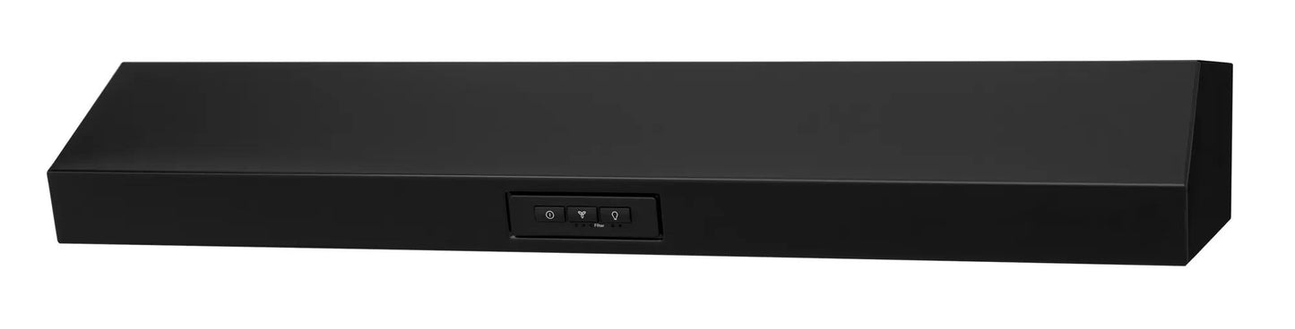 sleek black undercabinet ventilation hood with control buttons in kitchen appliances and over the range hoods collection