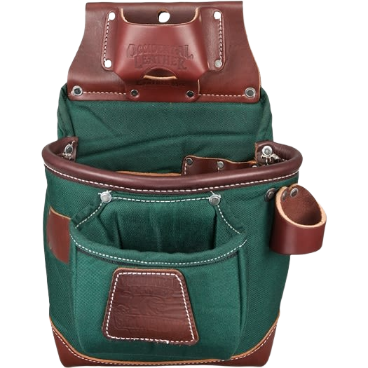 Green and brown heavy-duty leather and canvas tool bag organizer for tools and home improvement use