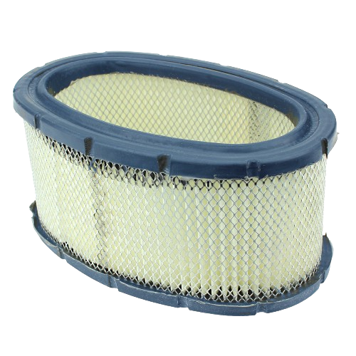 Oval air filter element with blue rubber edges and pleated yellow filter media for equipment maintenance