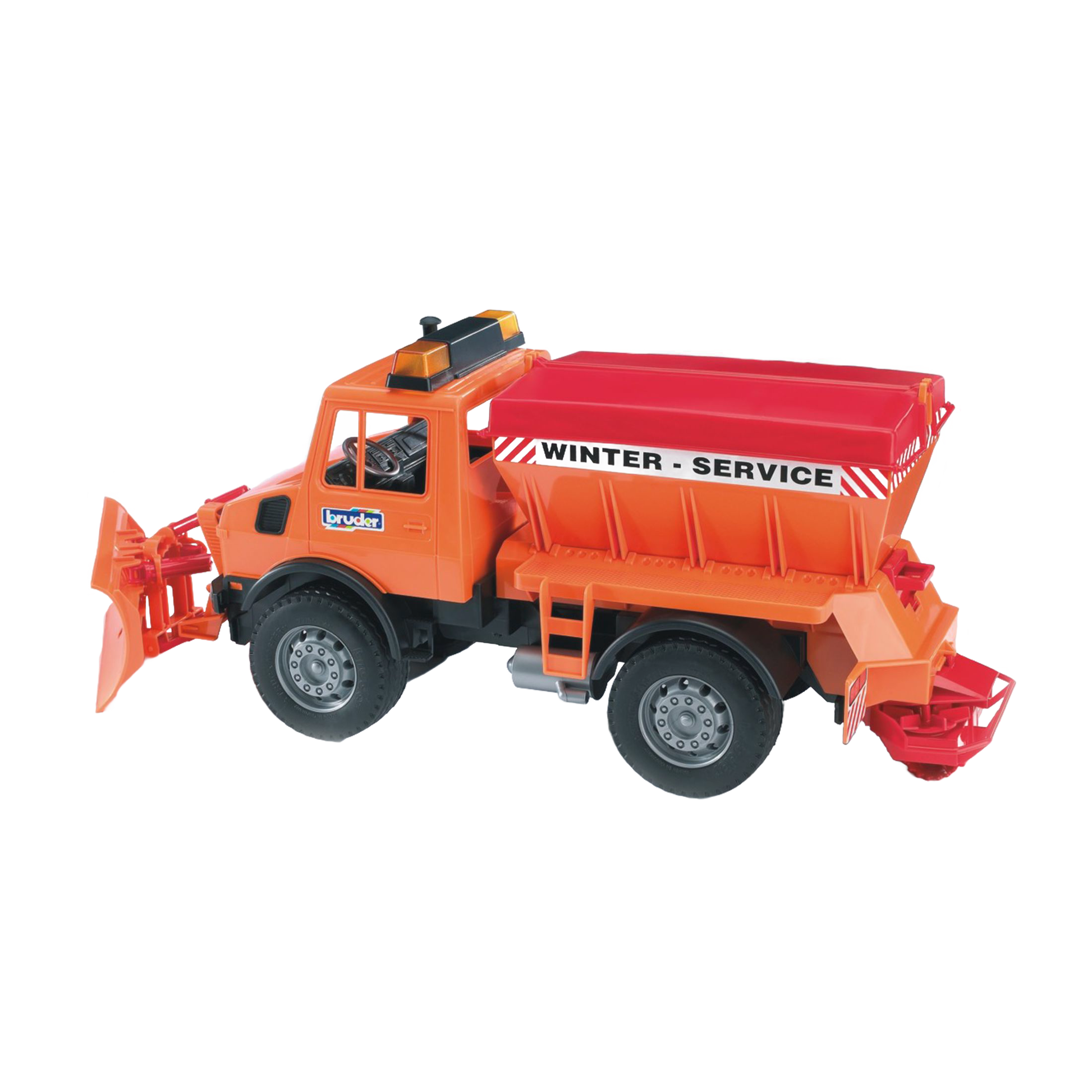 Orange Bruder Winter Service Truck toy with movable snow plow blade and salt spreader for imaginative play in Vehicles & Toys.