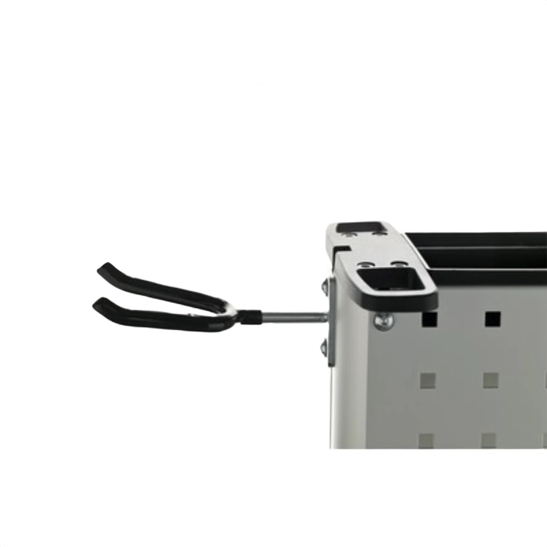Metal spray gun holder with rubberized hooks attaches to woodworking tool storage for organized workshop spaces