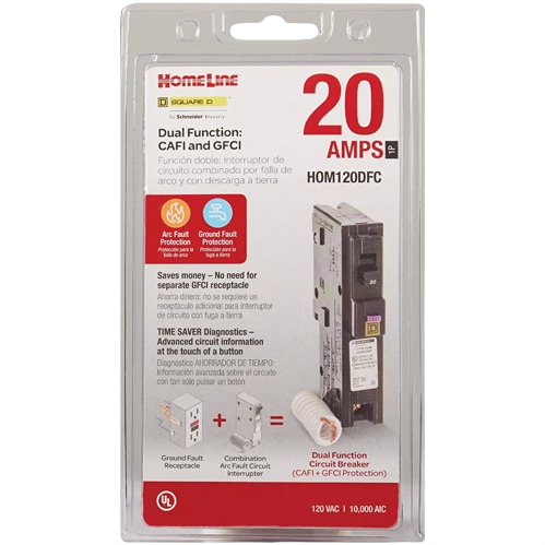 Single-pole 20 amp dual function circuit breaker with arc fault and ground fault protection in electrical breakers collection