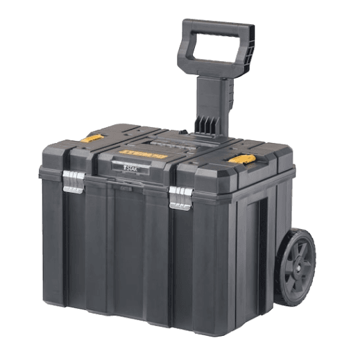 Black heavy-duty tool storage box with wheels and a telescoping handle for easy mobility in workshop organization collections