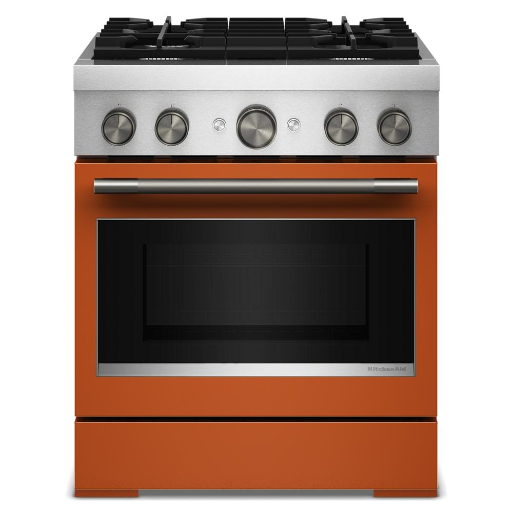 Front view of orange dual fuel range with four gas burners and stainless steel control panel in kitchenware collection