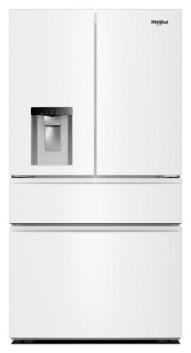 White Whirlpool® French door refrigerator with filtered water dispenser and spacious drawer in kitchen appliance collections