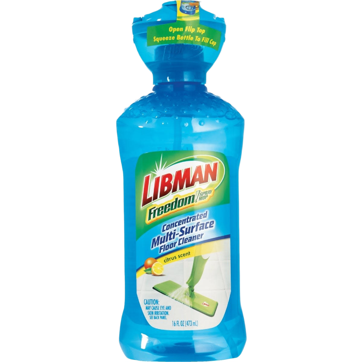 Blue bottle of concentrated multi-surface floor cleaner with citrus scent for mops in cleaning supplies collections