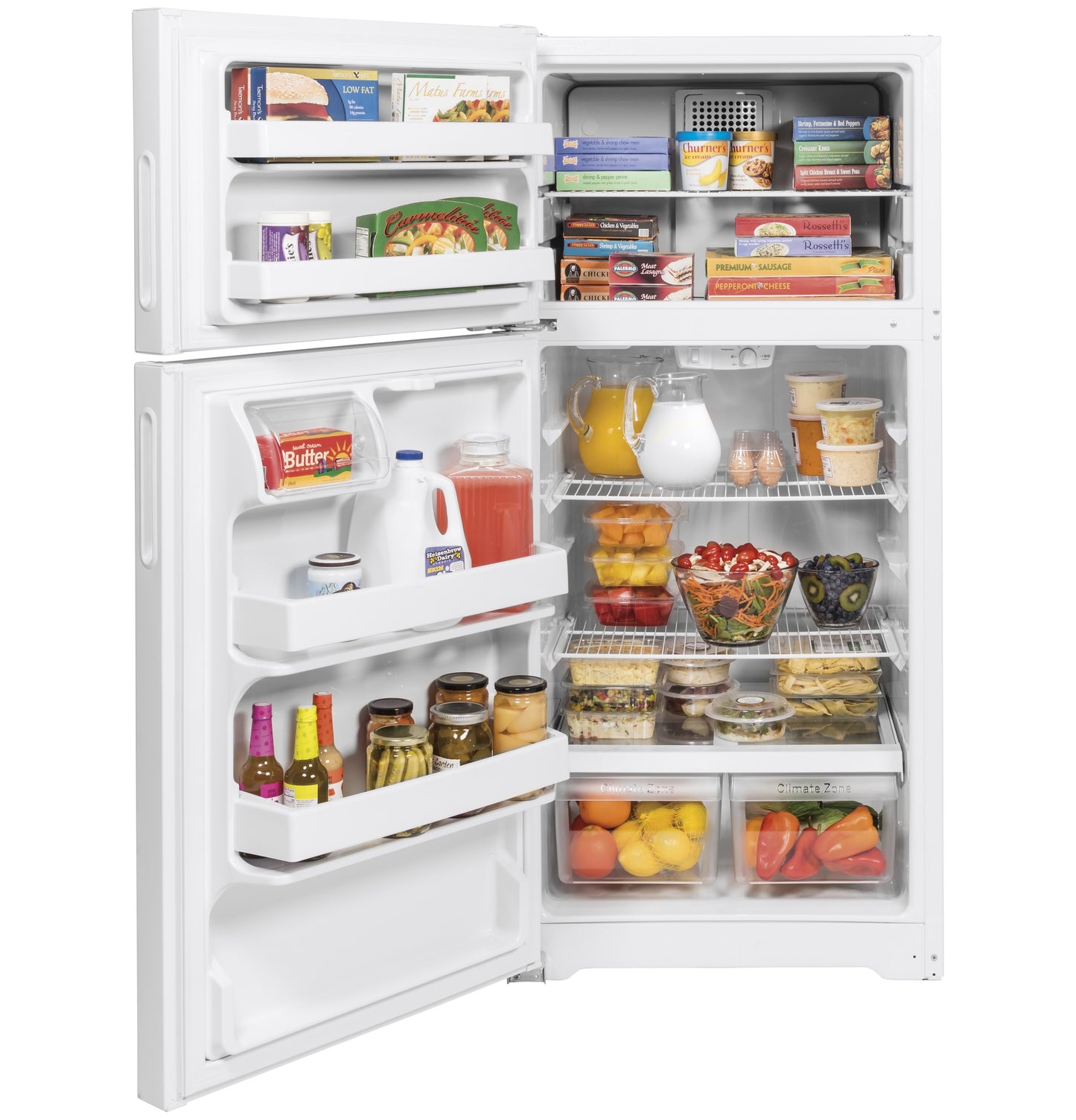 Open white top-freezer refrigerator with recessed handles, fully stocked with food and beverages in kitchen appliances collection