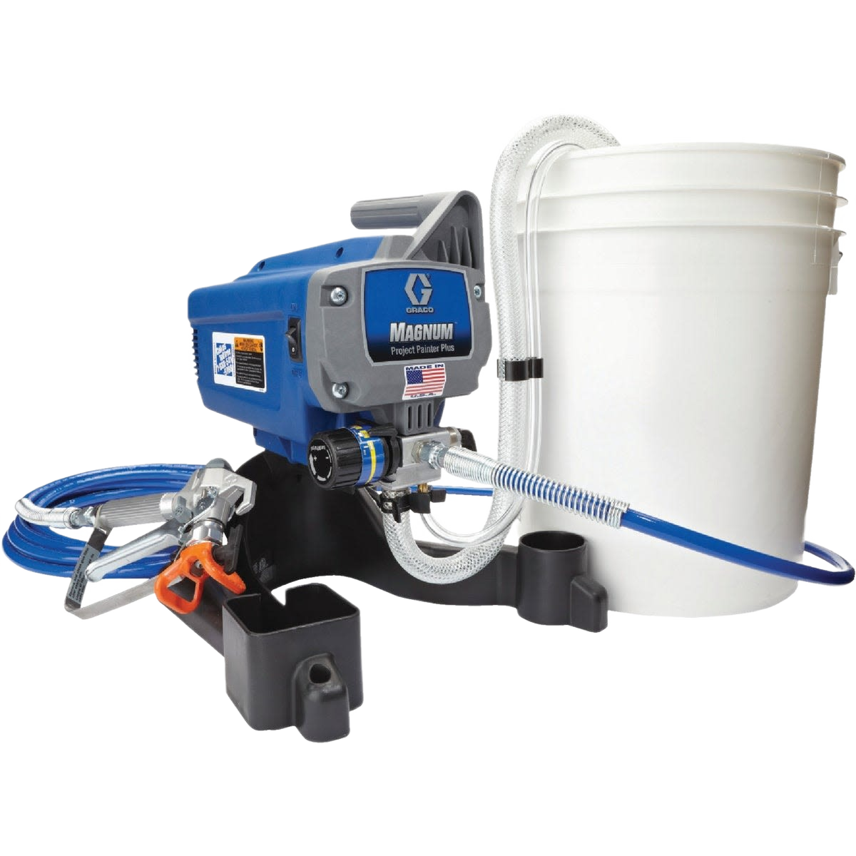 Compact blue airless paint sprayer with attached hose and large white bucket for home improvement projects