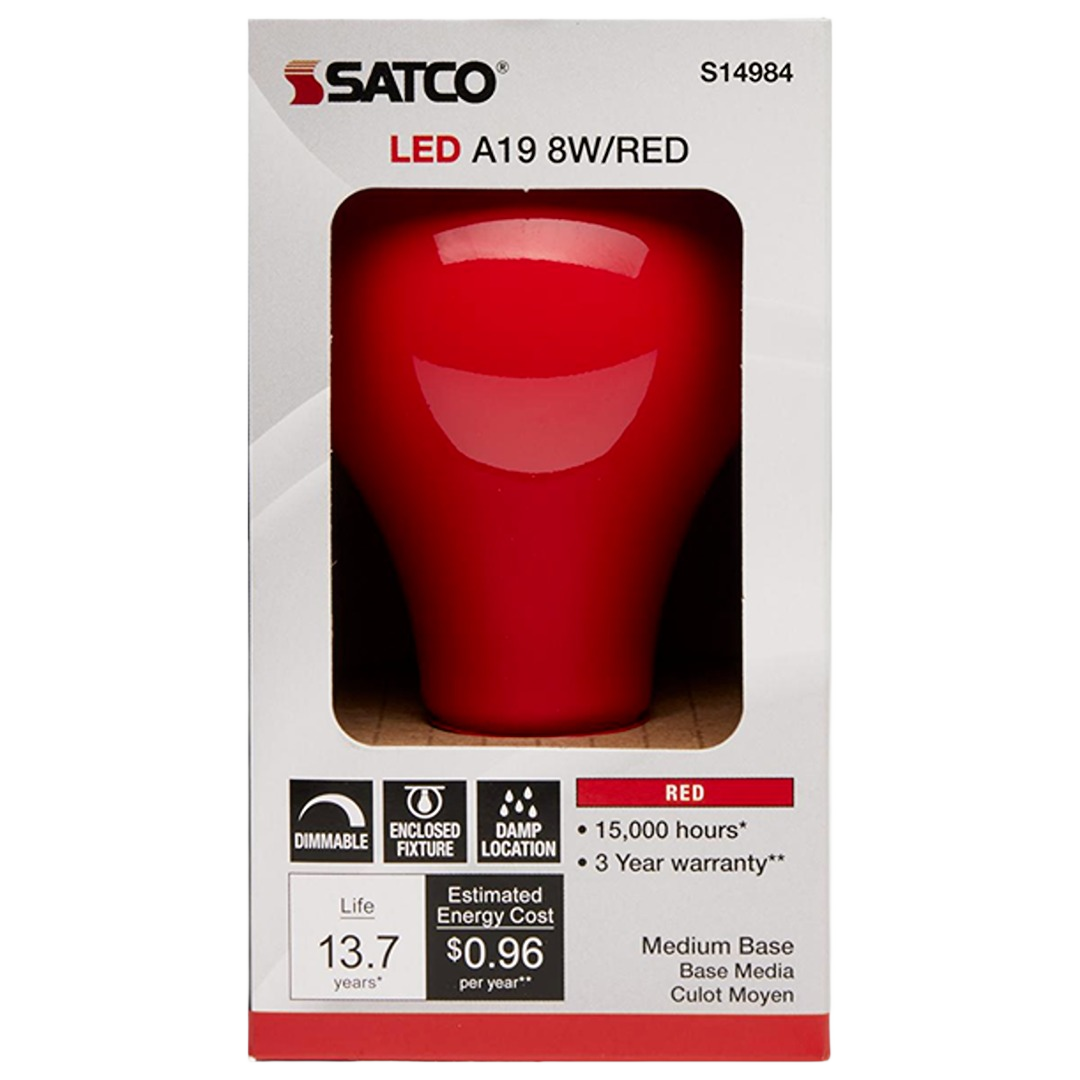 Red A19 LED light bulb with medium base in retail packaging highlighting energy-saving and dimmable features for home improvement