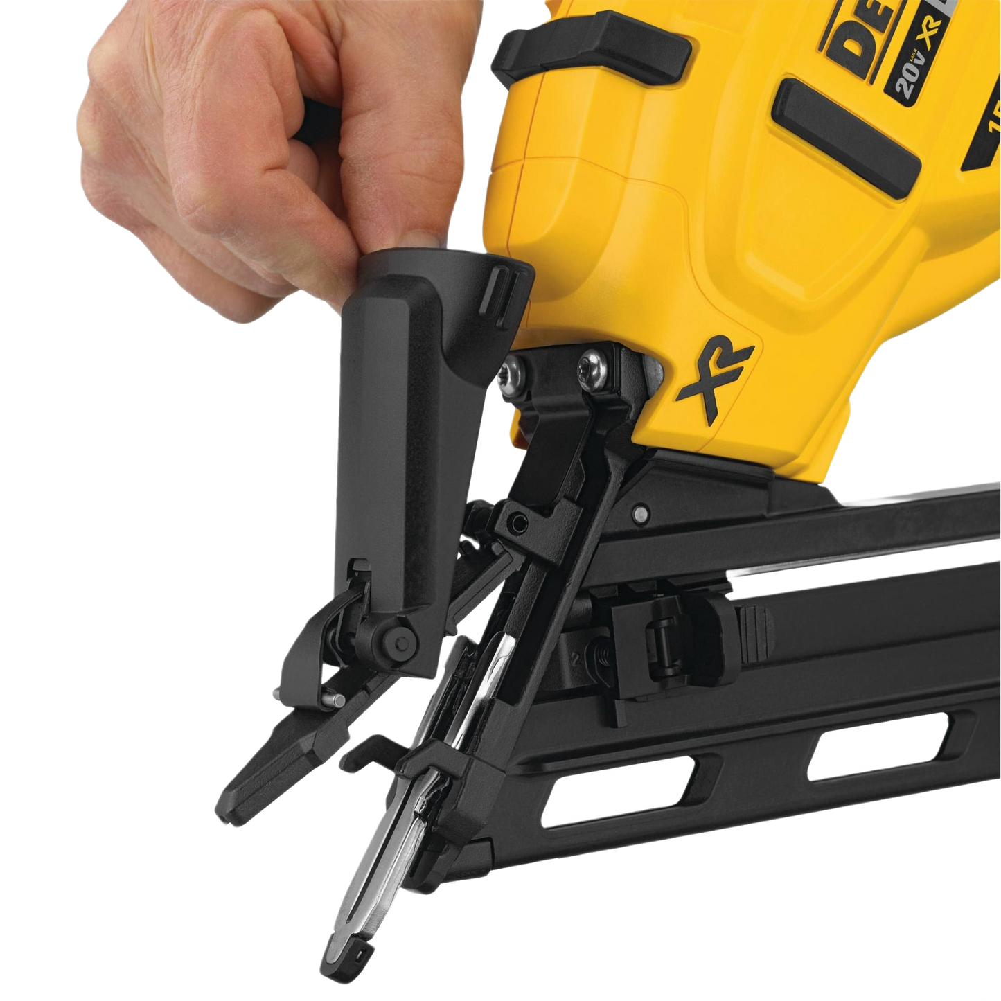 Hand adjusting black safety nose piece on yellow and black cordless angled finish nailer for home improvement tasks