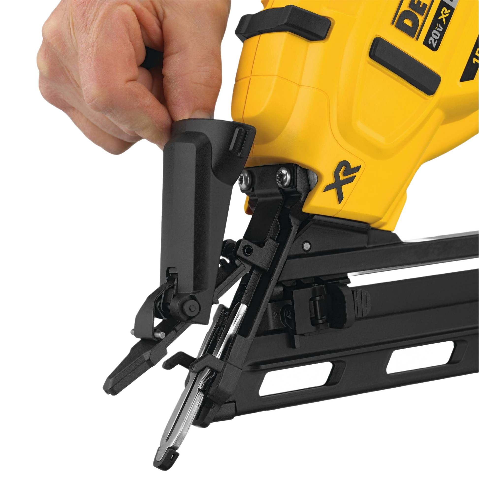 Hand adjusting black safety nose piece on yellow and black cordless angled finish nailer for home improvement tasks
