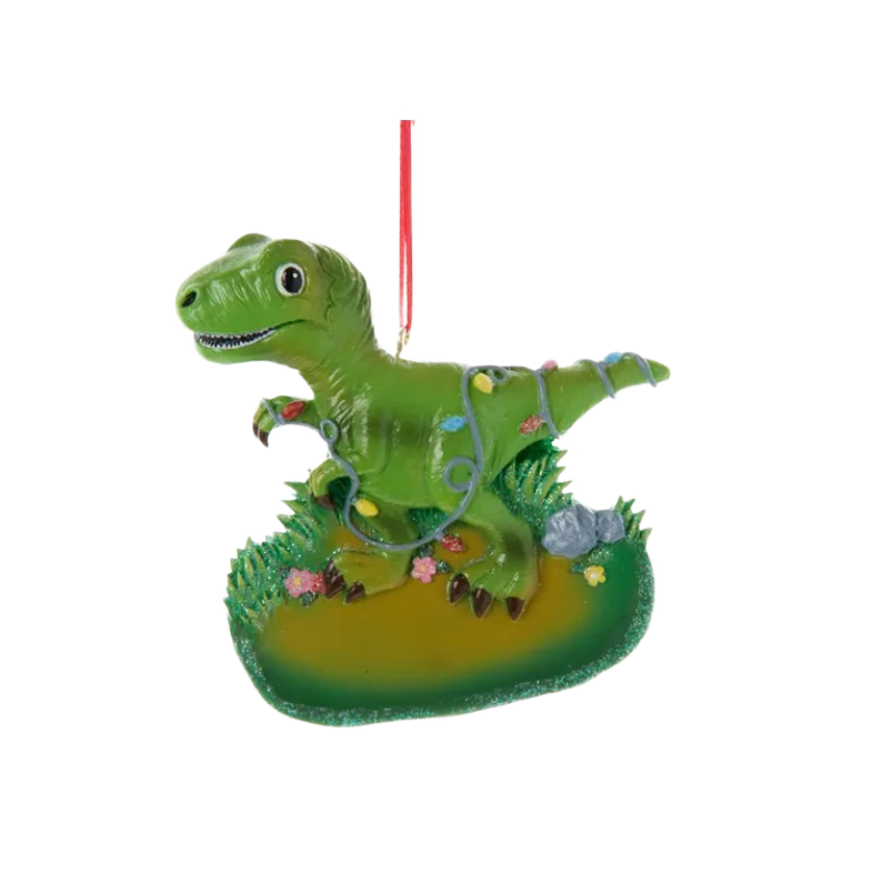 Green dinosaur ornament wrapped in colorful holiday lights for Christmas tree decorations and festive displays