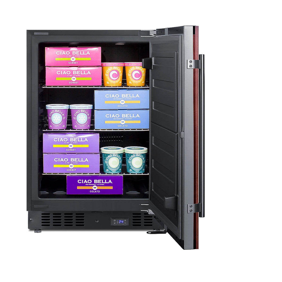 Built-in undercounter freezer with black interior and door open, stocked with colorful gelato containers on three shelves