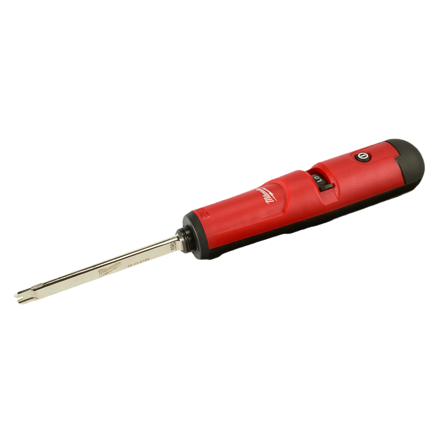 Red handheld punchdown tool with extended metal blade and ergonomic design for precise telecommunications work