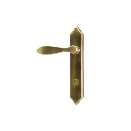 Antique brass storm door lever with classic Windsor design for home improvement and tools applications