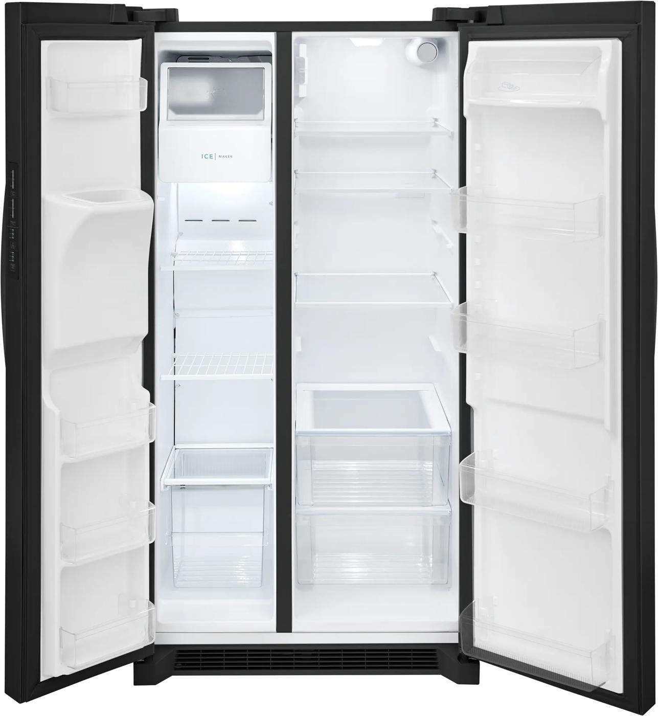 Open matte black side-by-side refrigerator with spacious fresh food and freezer compartments in kitchen and appliance collections