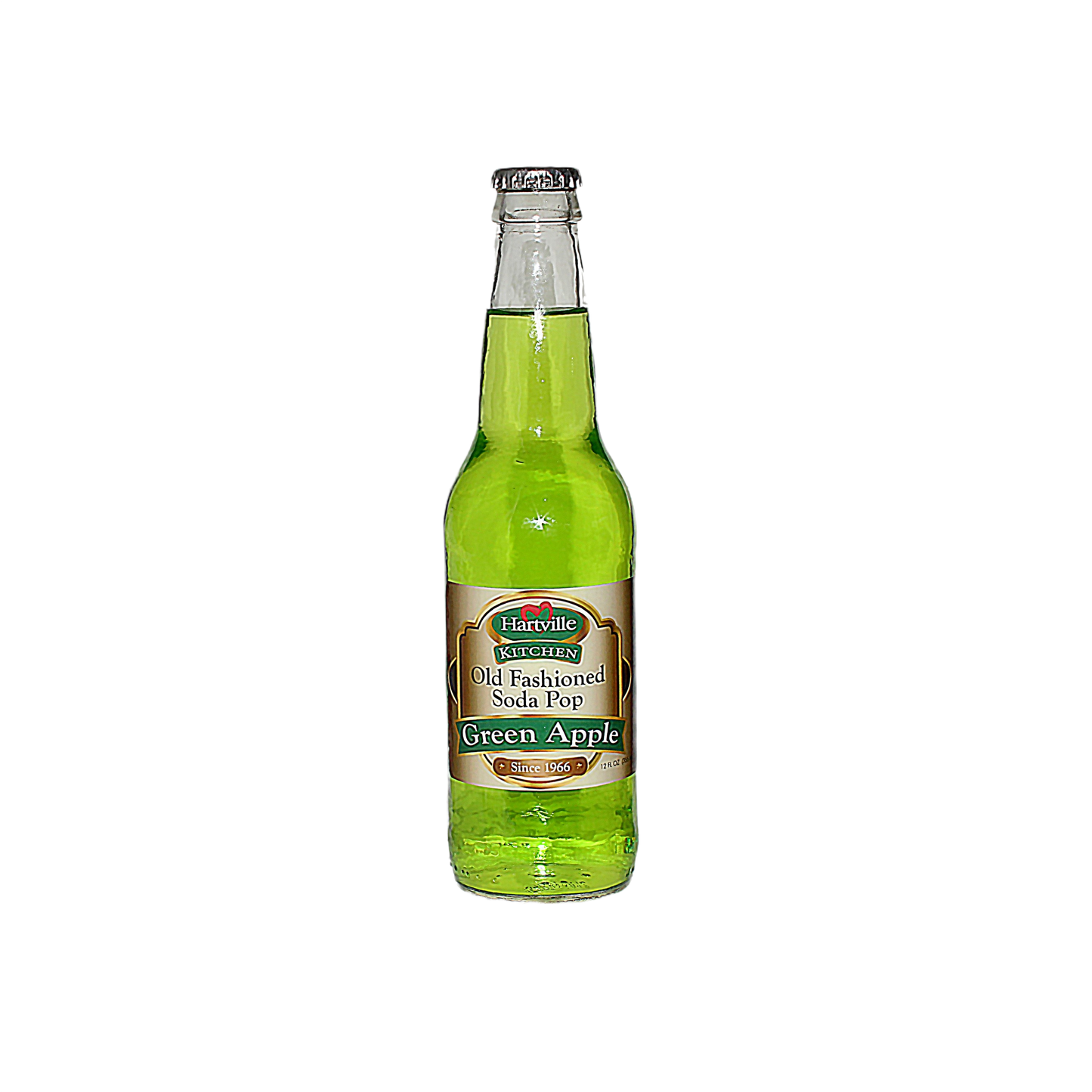 Glass bottle of Hartville Kitchen green apple soda with a vintage-style label from the Hartville Soda Pop collection