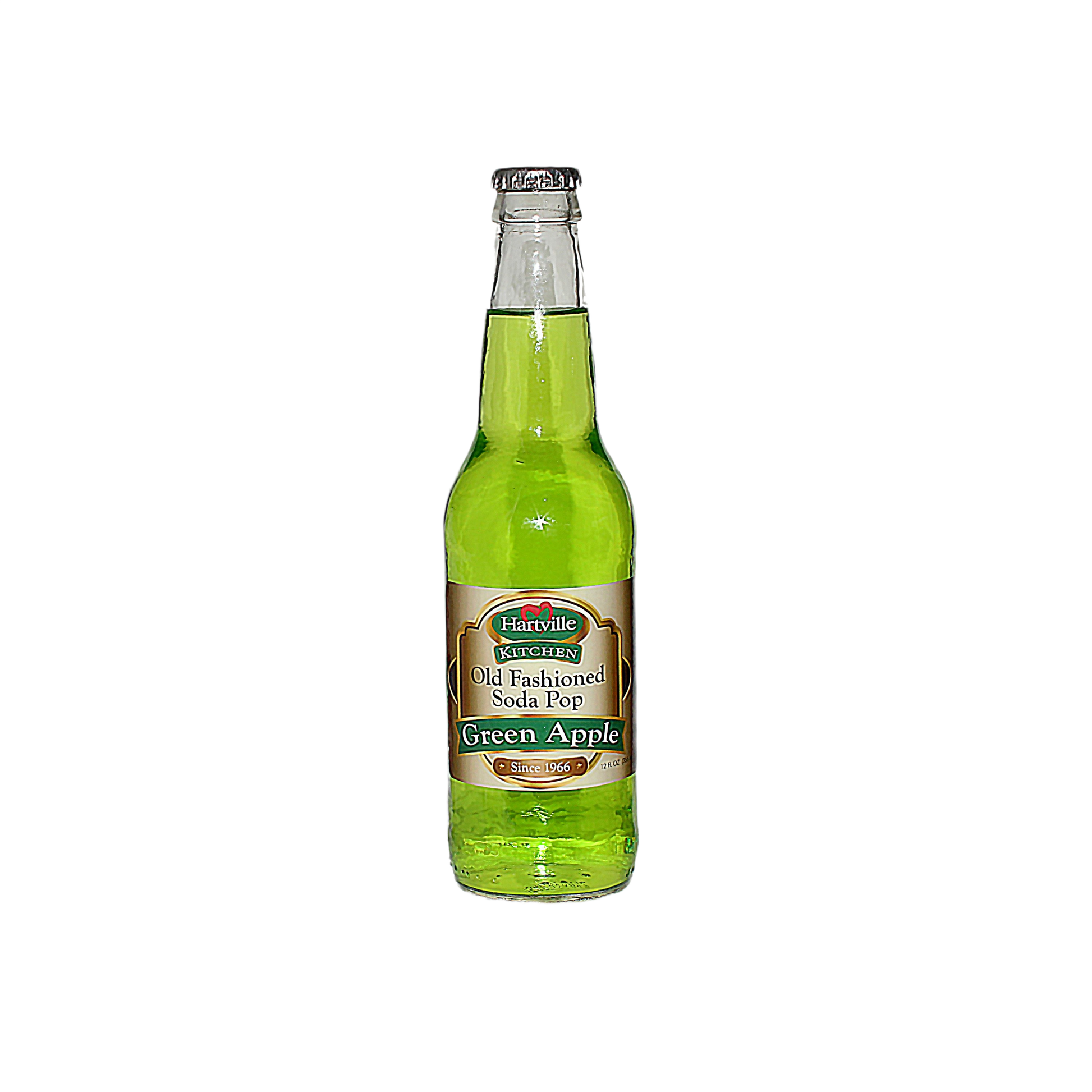 Glass bottle of Hartville Kitchen green apple soda with a vintage-style label from the Hartville Soda Pop collection