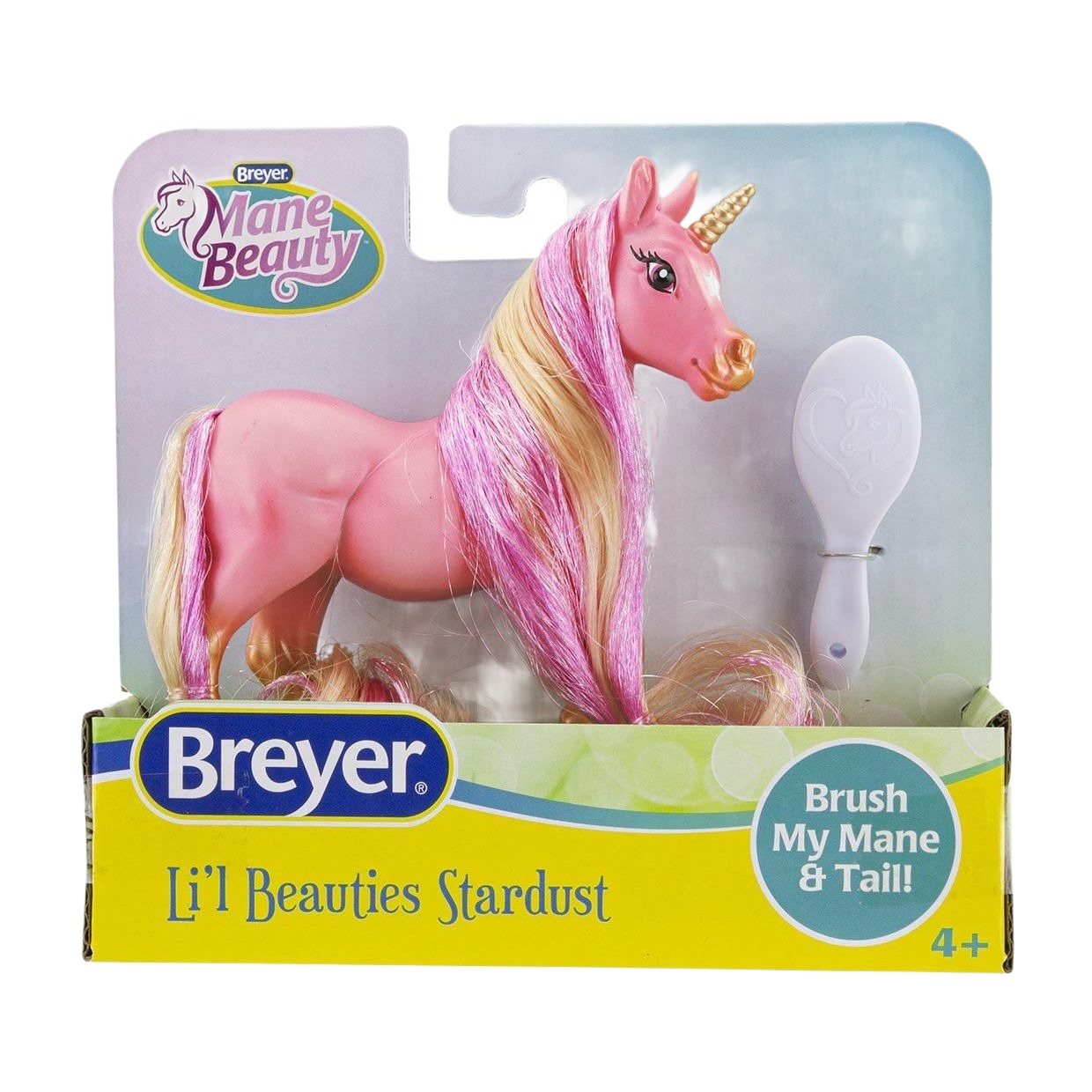 Pink unicorn figurine with long pink and blonde mane and tail, including a small white brush for styling hair