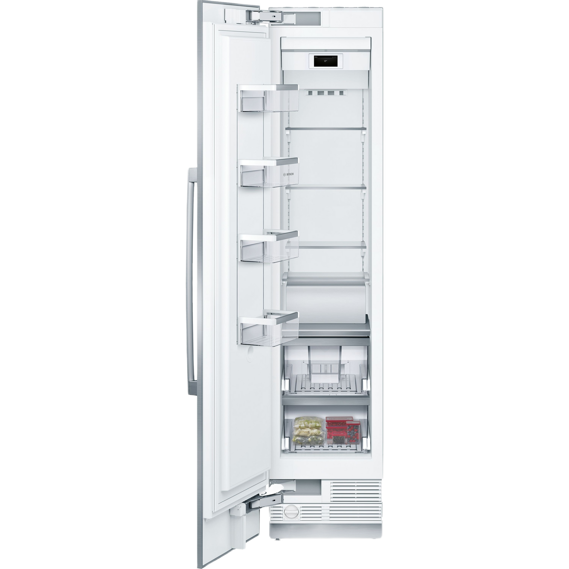Open white built-in freezer with flat hinge and transparent storage compartments designed for kitchen integration