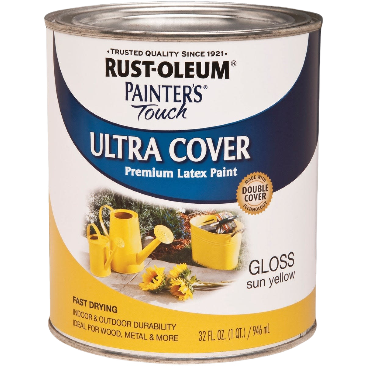Can of Rust-Oleum Ultra Cover gloss sun yellow latex paint for indoor and outdoor home improvement projects