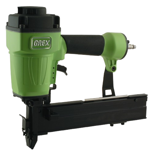 Green and black 16 gauge crown stapler with ergonomic handle for home improvement and tools projects