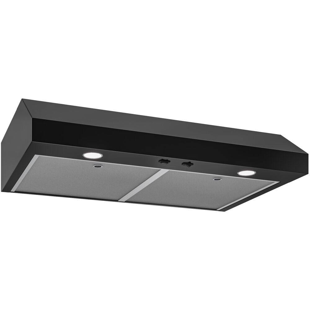 black 30-inch under-cabinet range hood with dual mesh filters and two speed settings in kitchen appliances collection