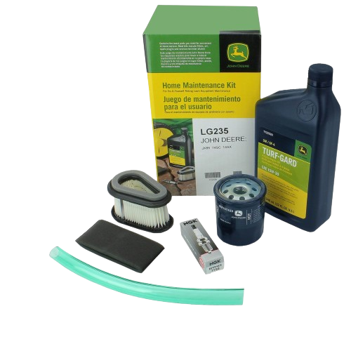 John Deere Home Maintenance Kit with oil, air and fuel filters, spark plug, and fuel line for lawn equipment upkeep