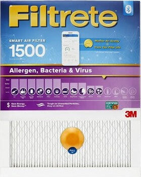 Blue and purple smart air filter packaging highlighting allergen, bacteria, and virus protection for home improvement use
