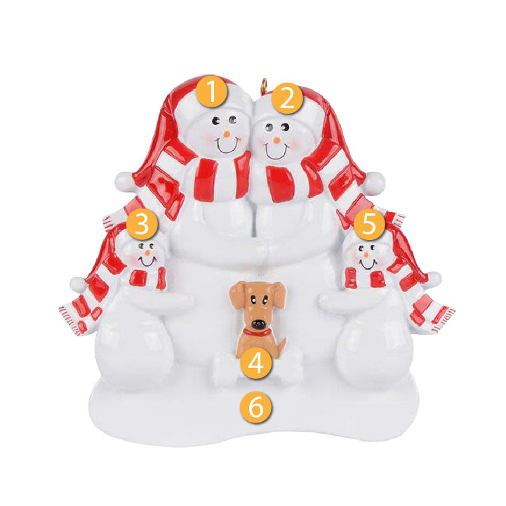 Personalized snowman family of four with red scarves hugging a tan dog, festive Christmas tree decoration under $50