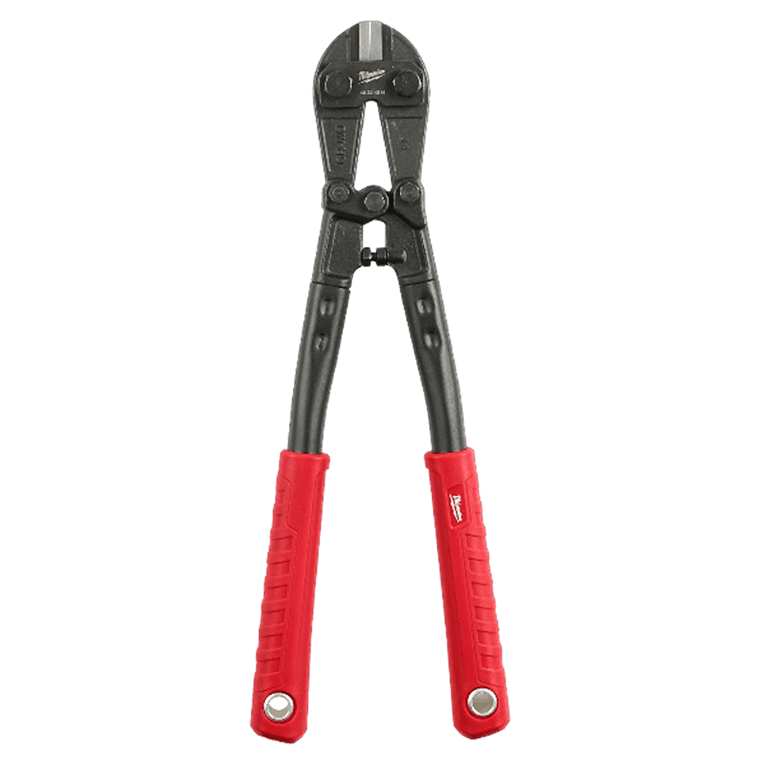 Heavy-duty bolt cutter with red ergonomic handles designed for tools and home improvement tasks