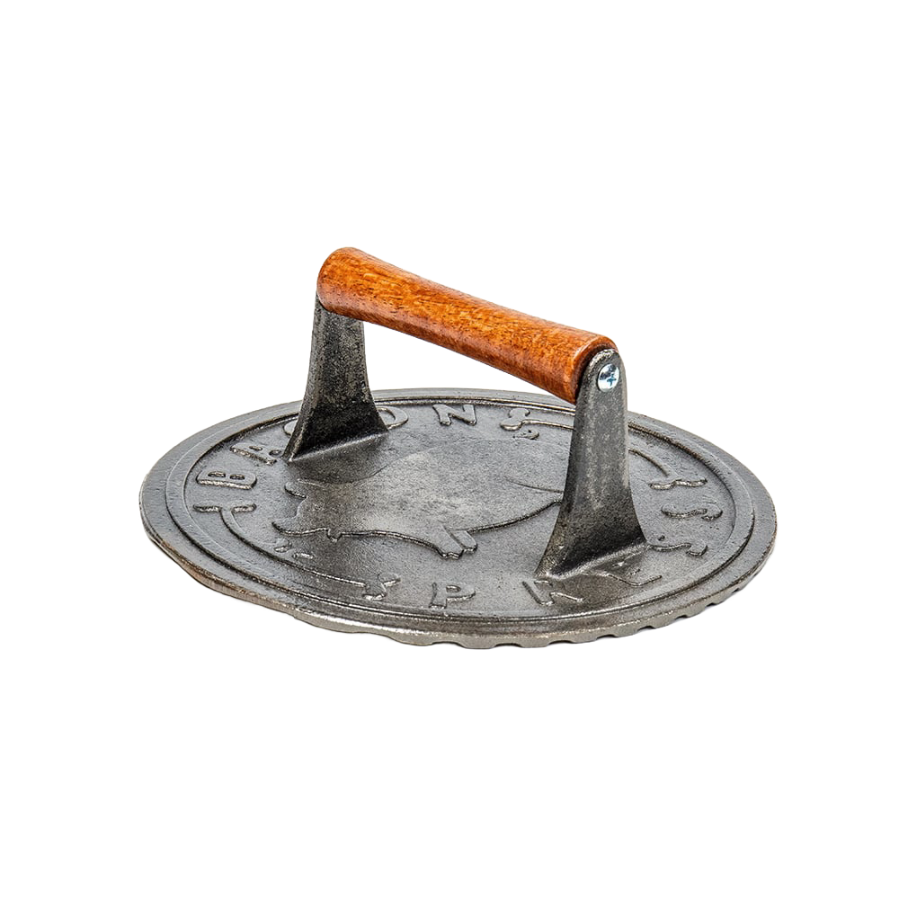 Cast iron bacon grill press with wooden handle, designed for kitchenware and cooking under $50 collection