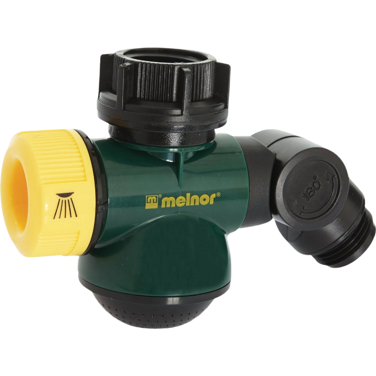 Green and black plastic Y hose connector with yellow flow control knob for watering and irrigation tasks