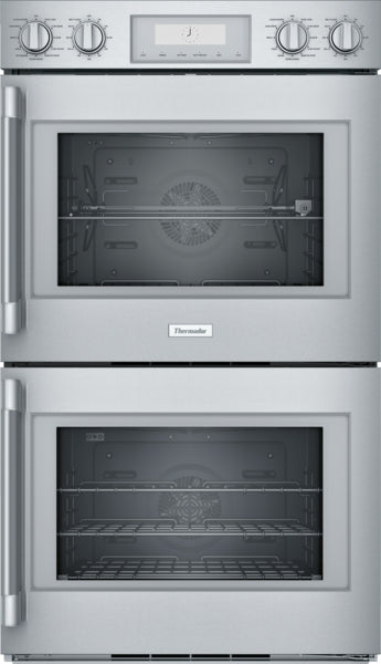 Stainless steel double wall oven with side-opening doors, multiple cooking modes, and convection for kitchen appliances