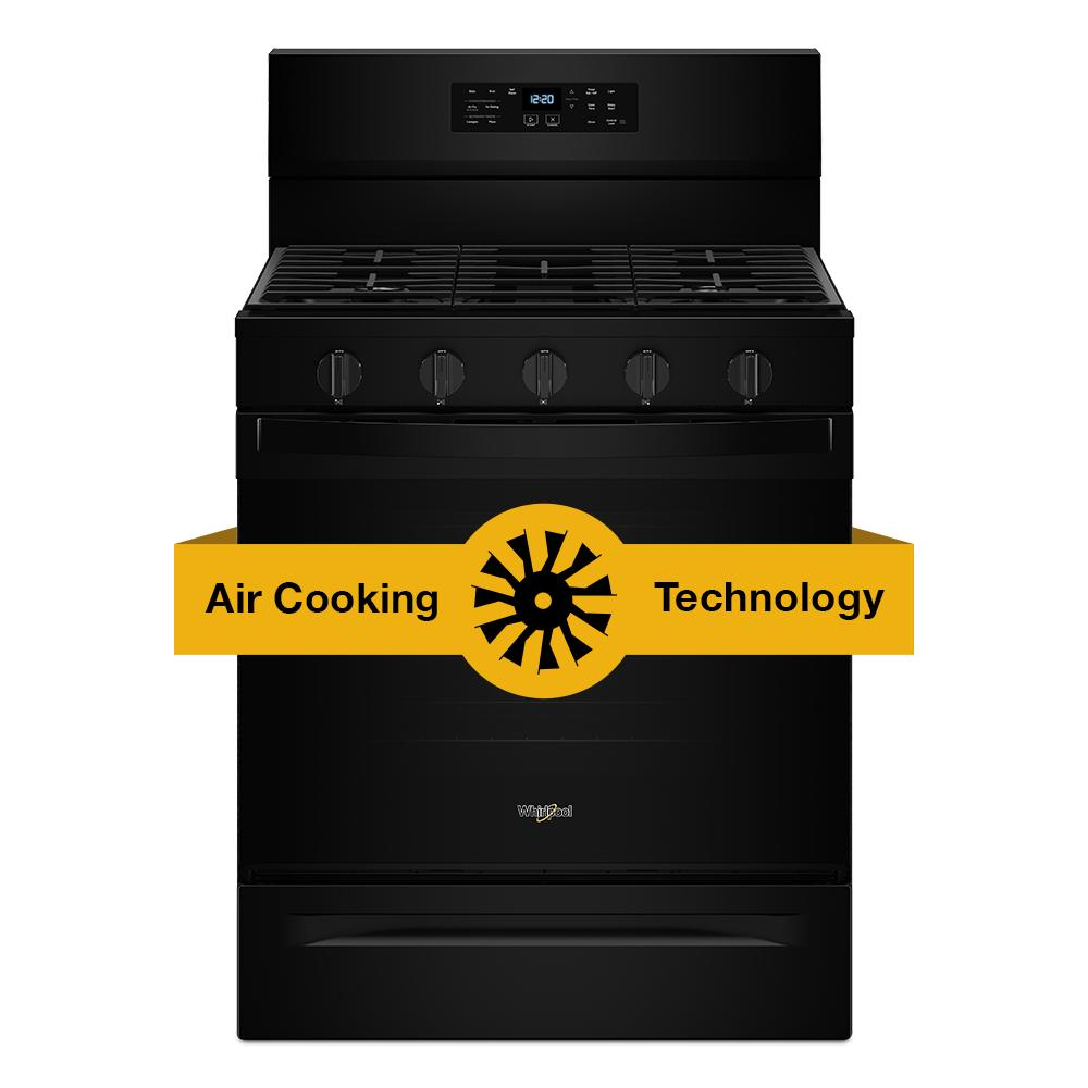 Black 30-inch gas range featuring control knobs and digital display with air cooking technology badge across front