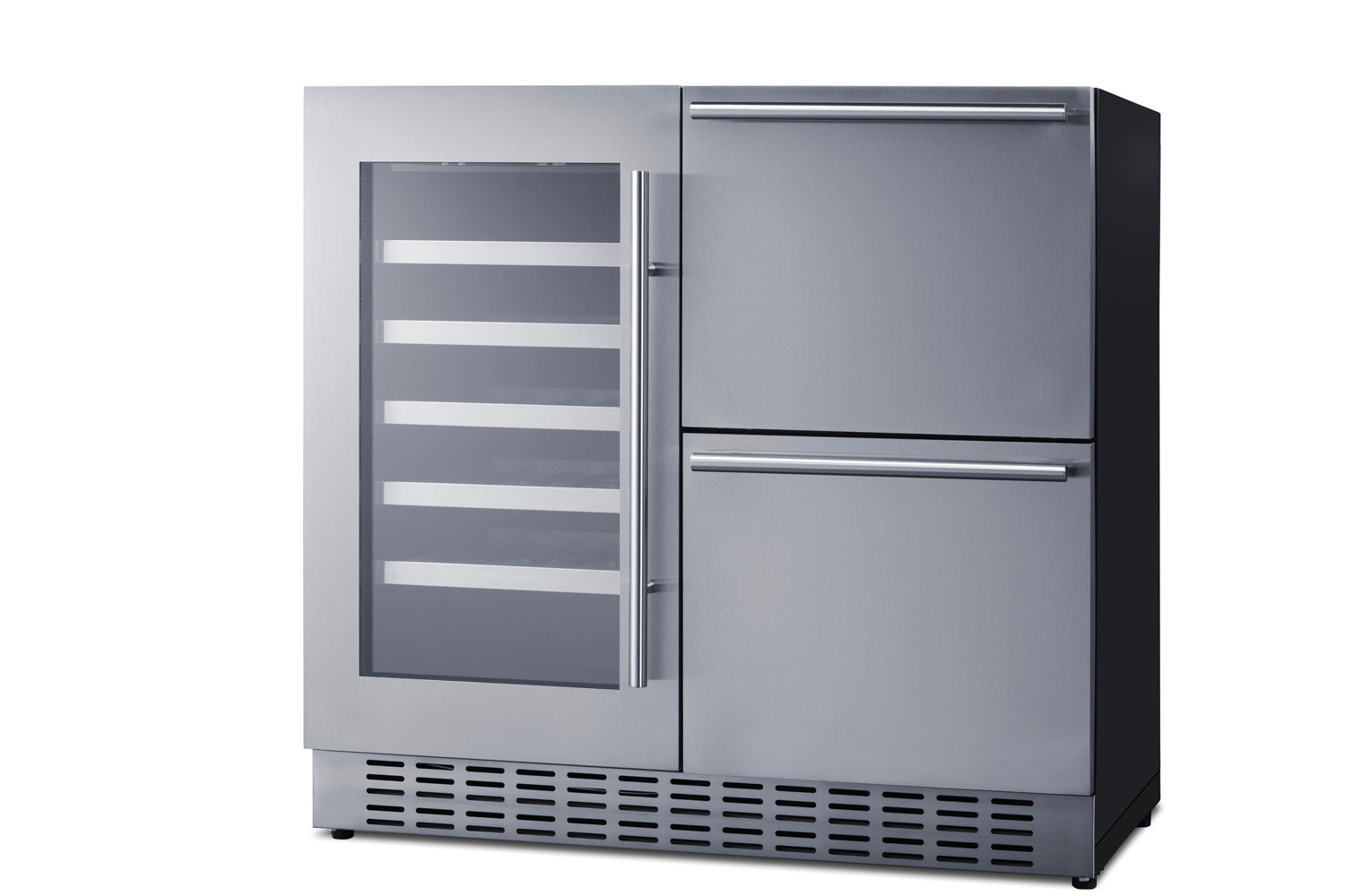 Stainless steel built-in refrigeration unit with glass-front wine cellar on the left and two refrigerated drawers on the right, part of Refrigerators, Kitchen & Kitchenware, All Products, Beverage Centers, Appliances collections.