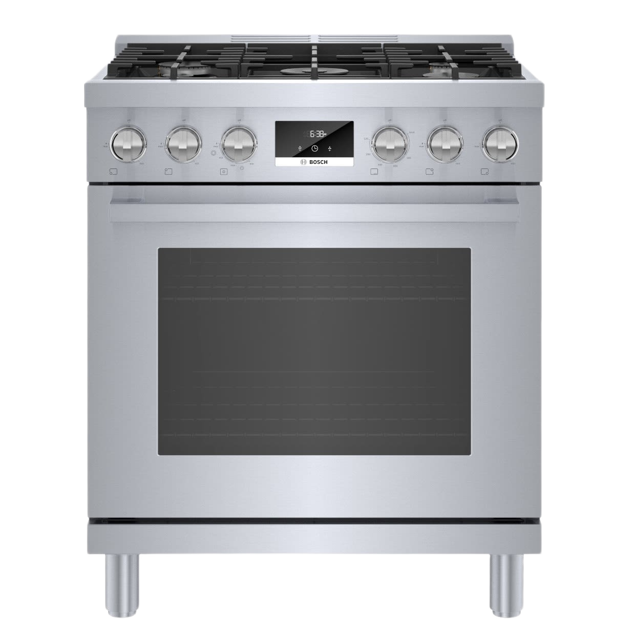 Stainless steel gas freestanding range with control knobs, digital display, and black porcelain-enameled cooking surface in Ranges collection