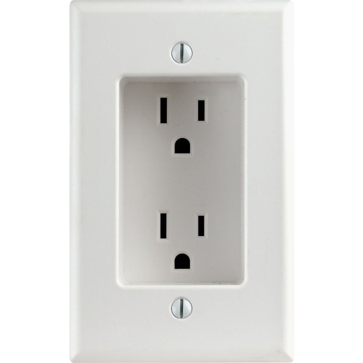 White recessed duplex electrical outlet with two three-prong sockets for home improvement and electrical projects